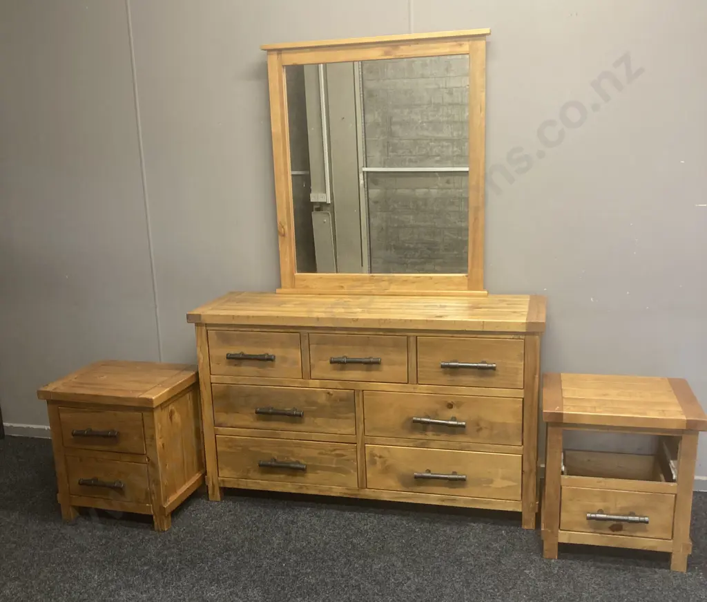 Wooden Bedroom Suite, 7 Drawer Chest With Mirror, 2 x Bedsides (1 Missing a Drawer), Steel Pipe Look Handles Image 1++